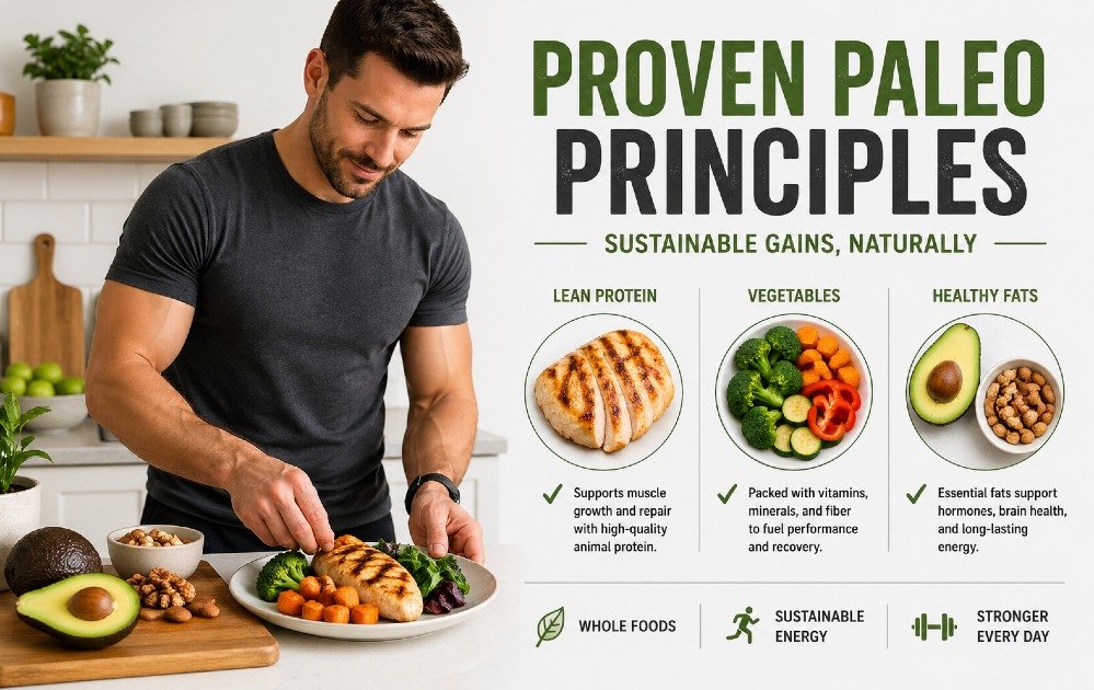Man preparing a balanced paleo meal with lean protein, vegetables, and healthy fats for sustainable fitness gains