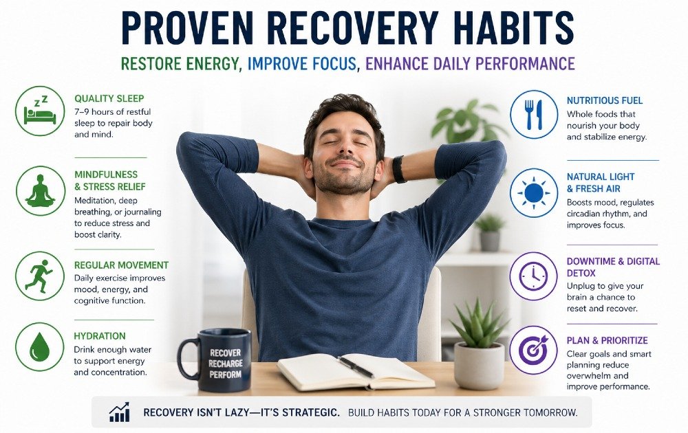 Person practicing recovery habits—quality sleep, hydration, stretching, and mindfulness—to restore energy and mental focus