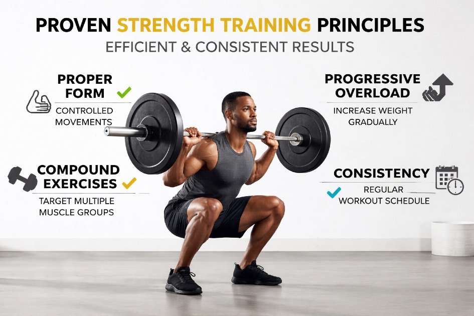 Athlete performing controlled strength training with proper form, illustrating efficient and consistent muscle building principles