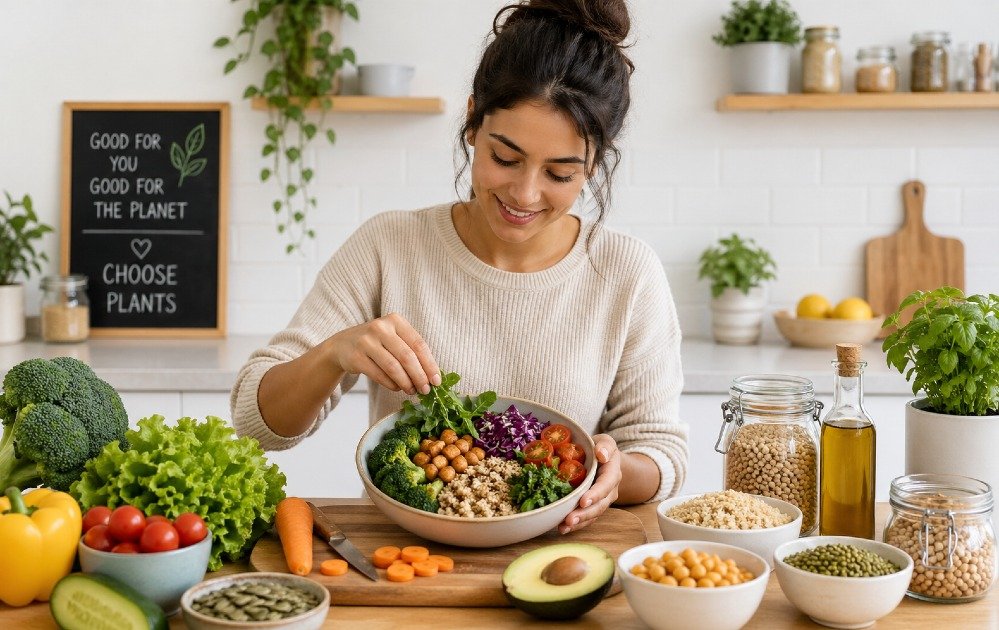 Person preparing a balanced plant-based meal with fresh vegetables, grains, and legumes, representing healthy vegan lifestyle habits.