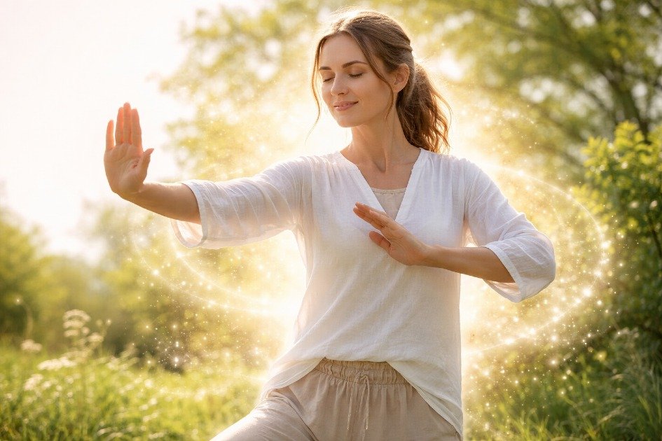 Woman practicing Qi Gong outdoors, radiating calm energy and vitality.