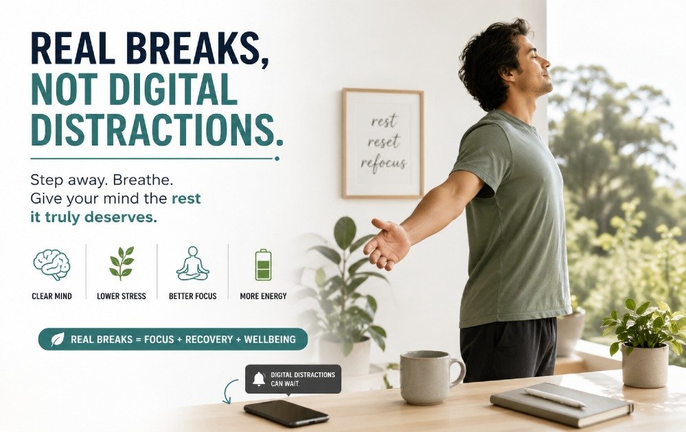 Person stepping away from phone to rest mind, illustrating the importance of real breaks over digital distractions