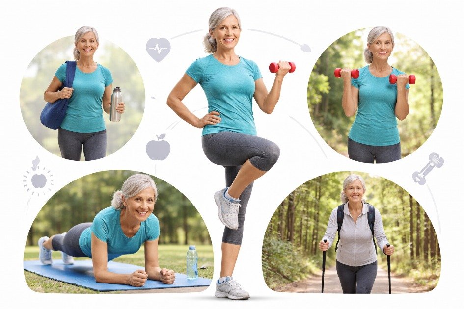 Active senior exercising outdoors, demonstrating strength, balance, and healthy aging habits.