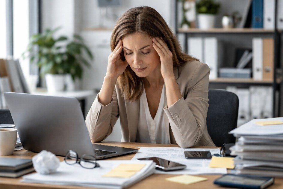 Professional overwhelmed at desk showing early signs of burnout, fatigue, and mental exhaustion
