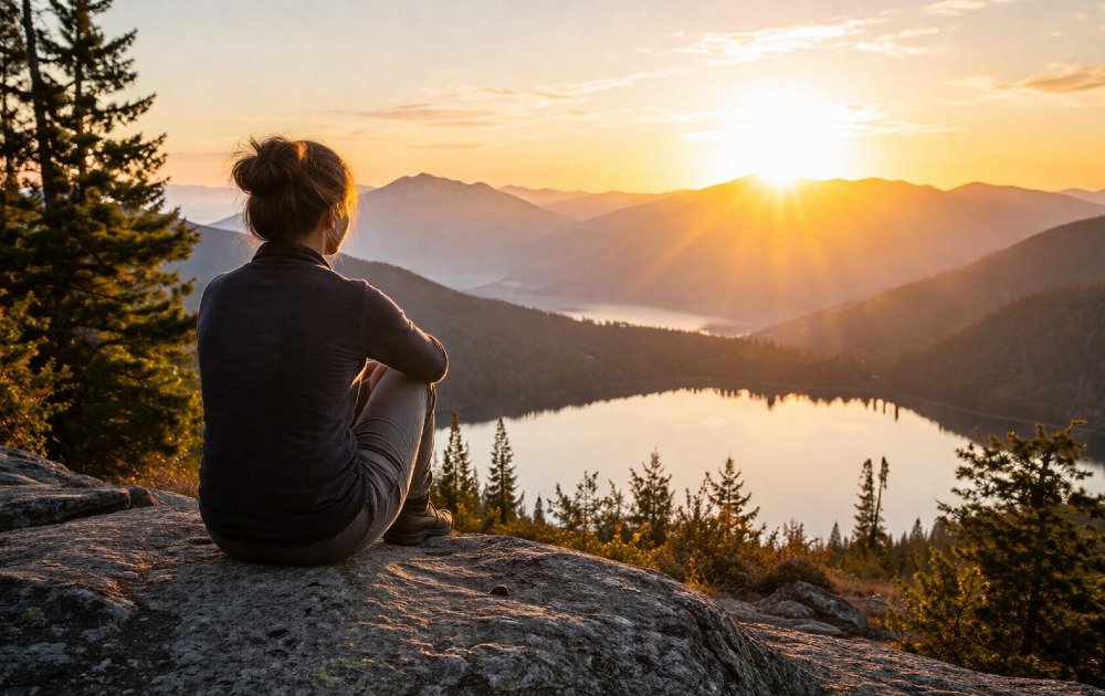 Person reflecting in nature at sunrise, symbolizing clarity, purpose, and reconnecting with life’s meaning