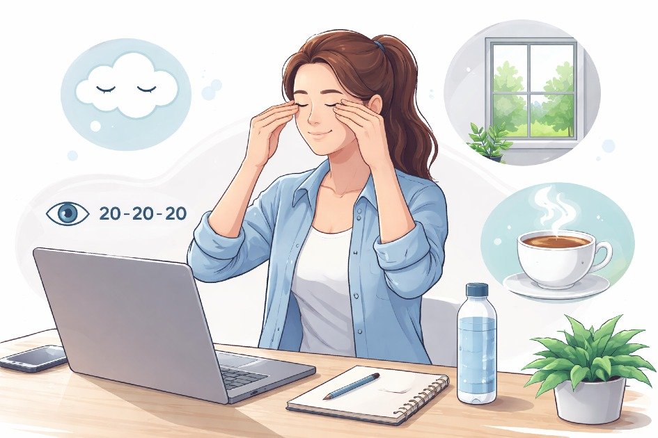 Person taking a mindful break from screen work to reduce eye strain and fatigue