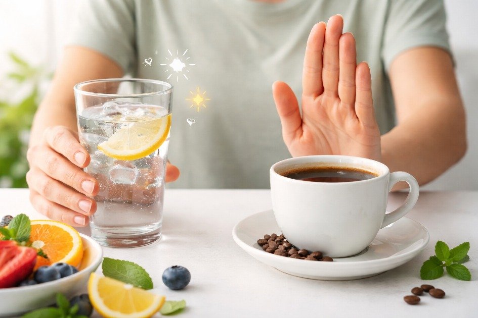 Person choosing water over coffee, symbolizing reducing caffeine and stimulant intake for better health and balance