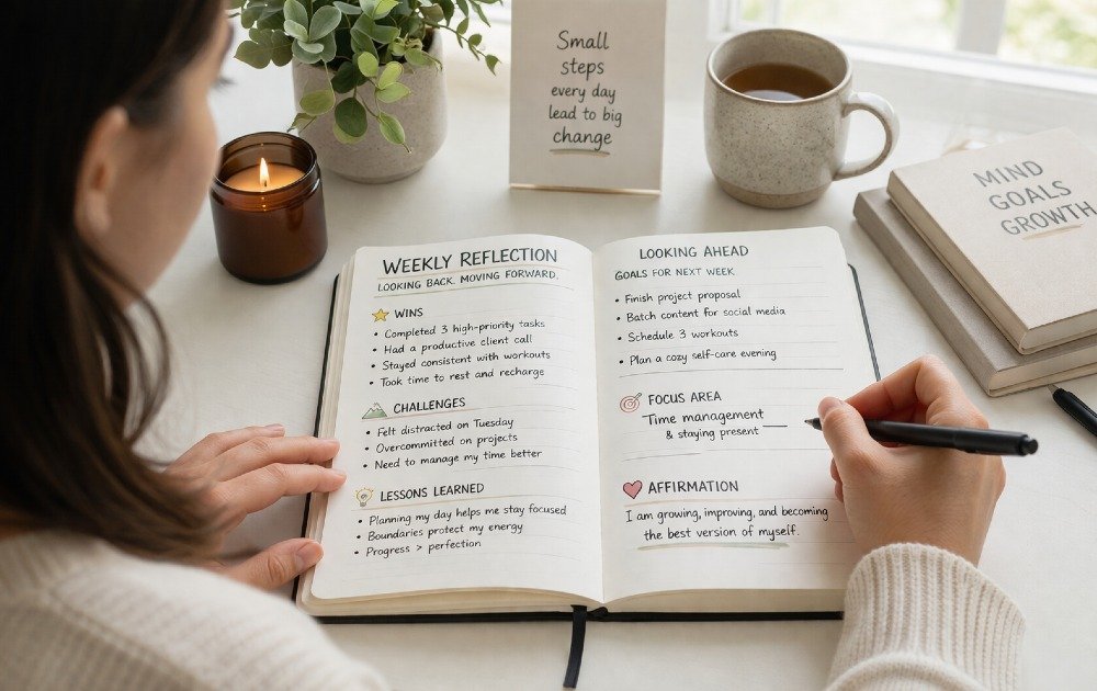 Person journaling and reflecting on weekly progress to boost personal growth and productivity.