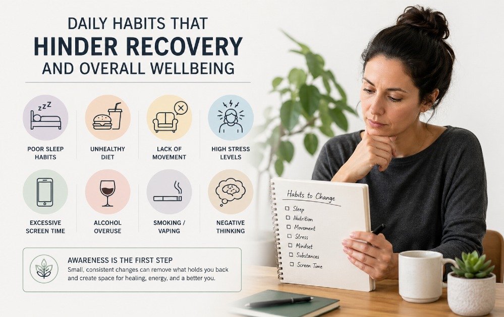 Person reviewing daily routines to identify and remove habits that hinder physical and mental recovery.