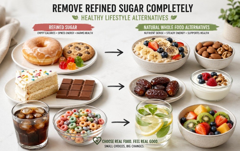 Close-up of unhealthy refined sugar foods being replaced with natural whole food alternatives on a kitchen table