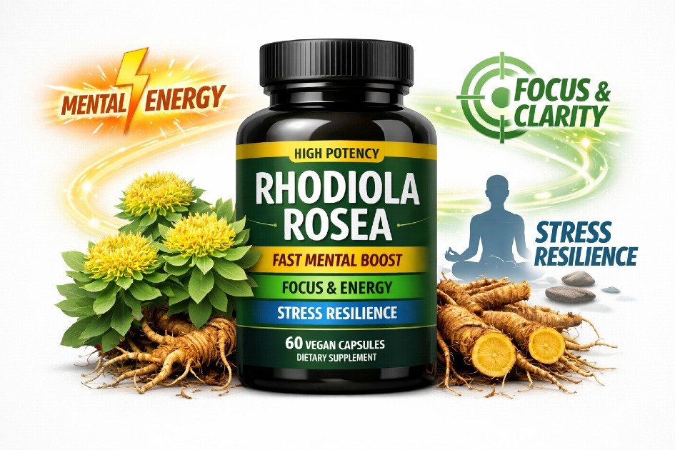 Rhodiola rosea supplement with natural roots, highlighting fast mental energy, focus, and stress resilience support
