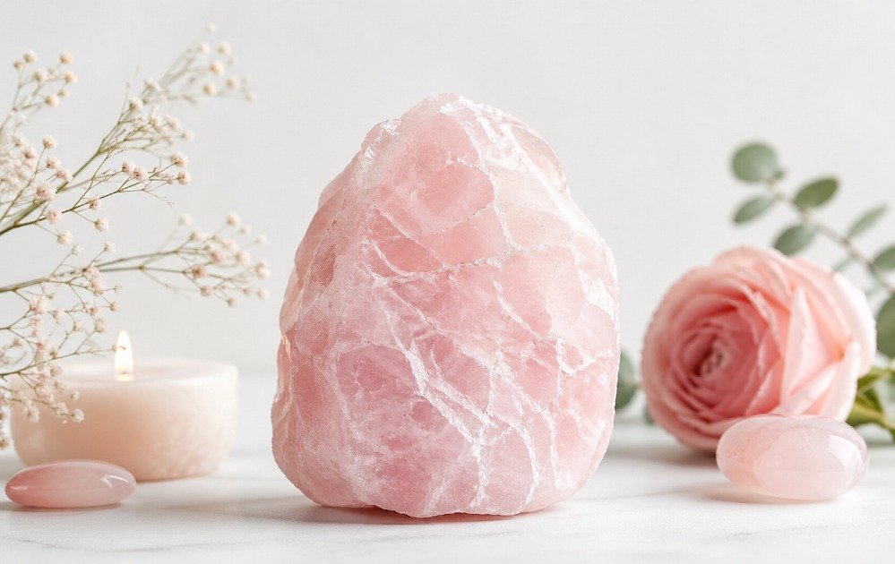 Rose quartz crystal symbolizing emotional healing, self-love, and inner peace
