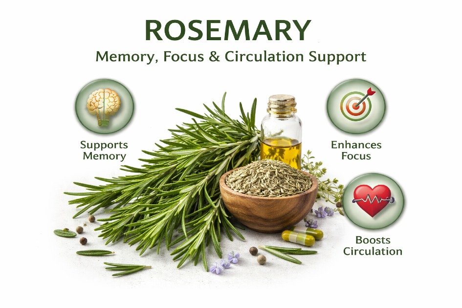 Fresh rosemary leaves known to support memory, focus, and healthy blood circulation