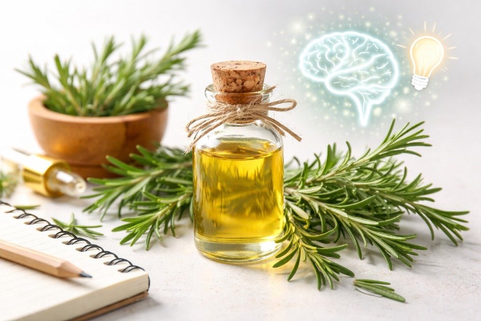 Rosemary essential oil in a glass bottle with fresh rosemary sprigs, symbolizing natural memory and focus enhancement.
