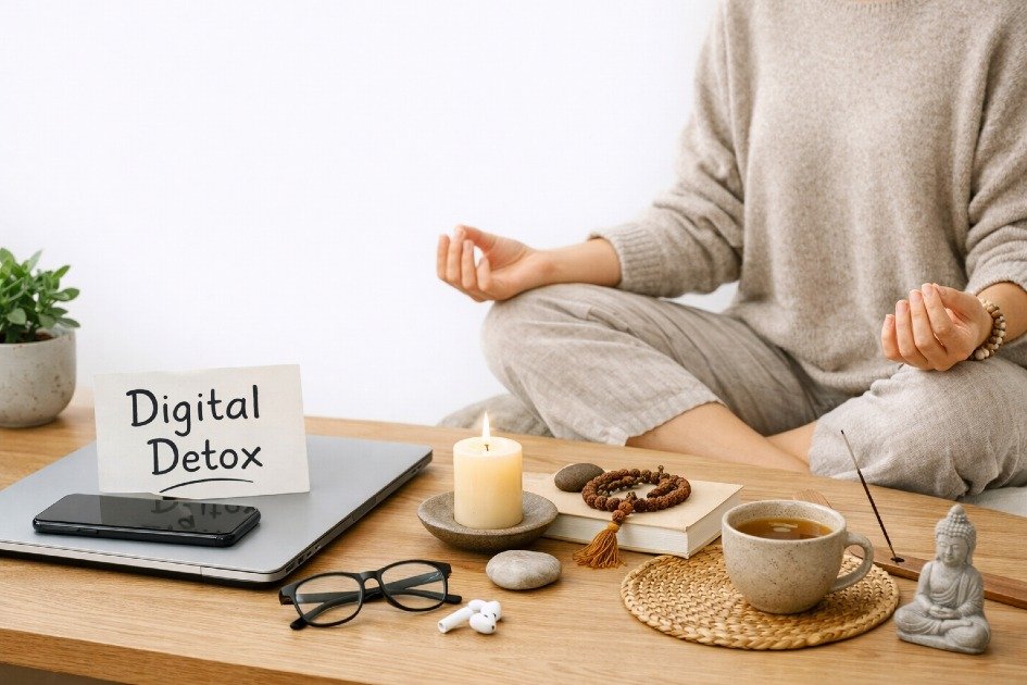 Person setting aside phone and laptop to enjoy quiet, mindful time for a digital detox.