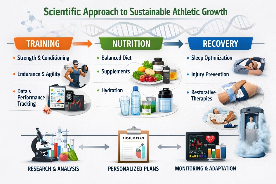 Scientific approach to sustainable athletic growth with training, nutrition, and recovery