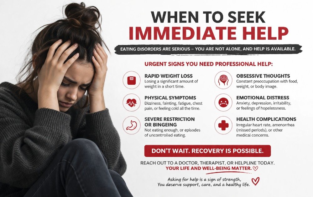 Woman holding her head in distress, highlighting urgent signs of an eating disorder and need for professional help.