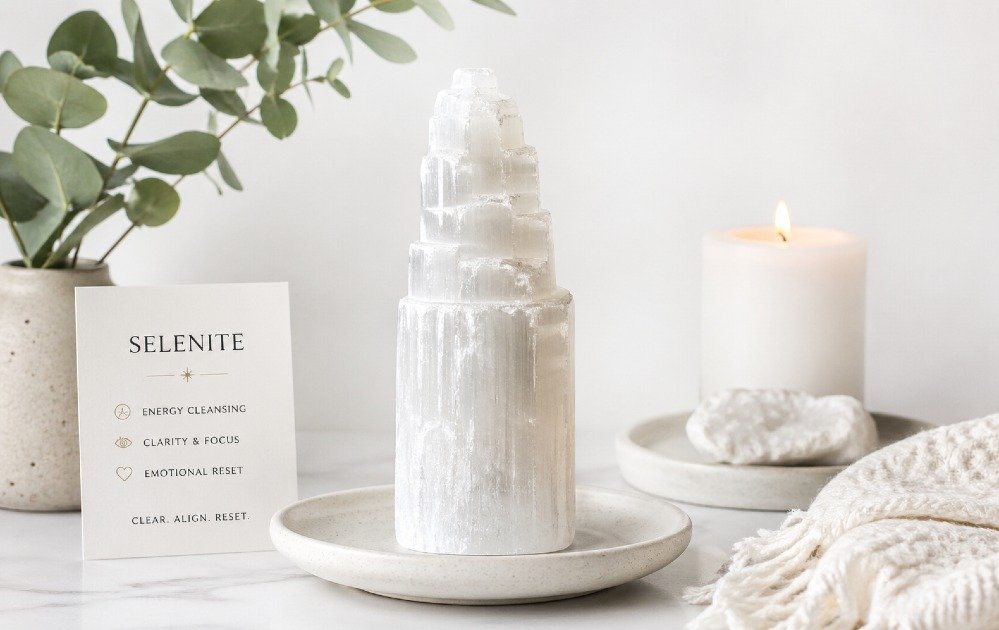 A glowing selenite crystal, symbolizing energy cleansing, mental clarity, and emotional reset