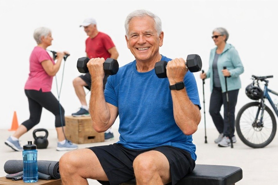 Active senior performing strength exercises outdoors to maintain energy, mobility, and independence
