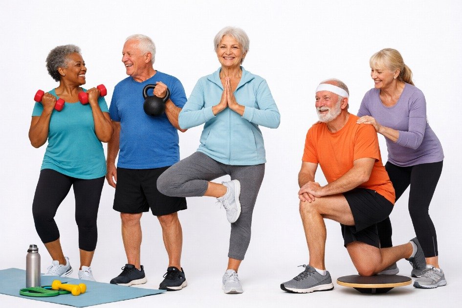 Active seniors exercising outdoors to maintain strength, balance, and long-term health with age
