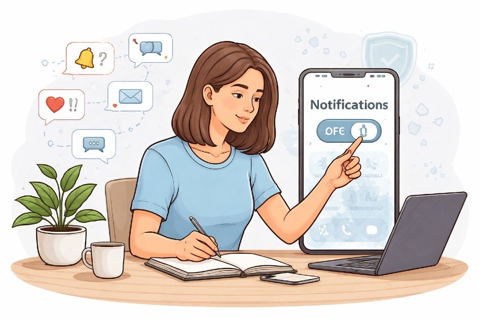 Person turning off smartphone notifications to maintain focus and digital balance