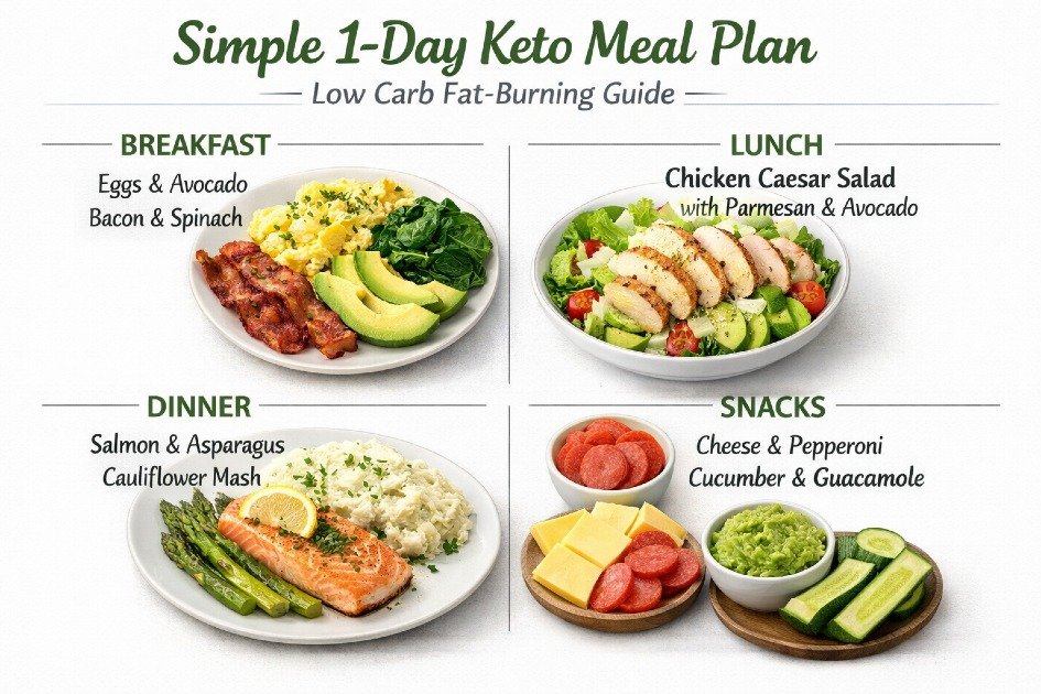 Simple 1-day keto meal plan featuring low-carb breakfast, lunch, dinner, and snacks for fat-burning nutrition