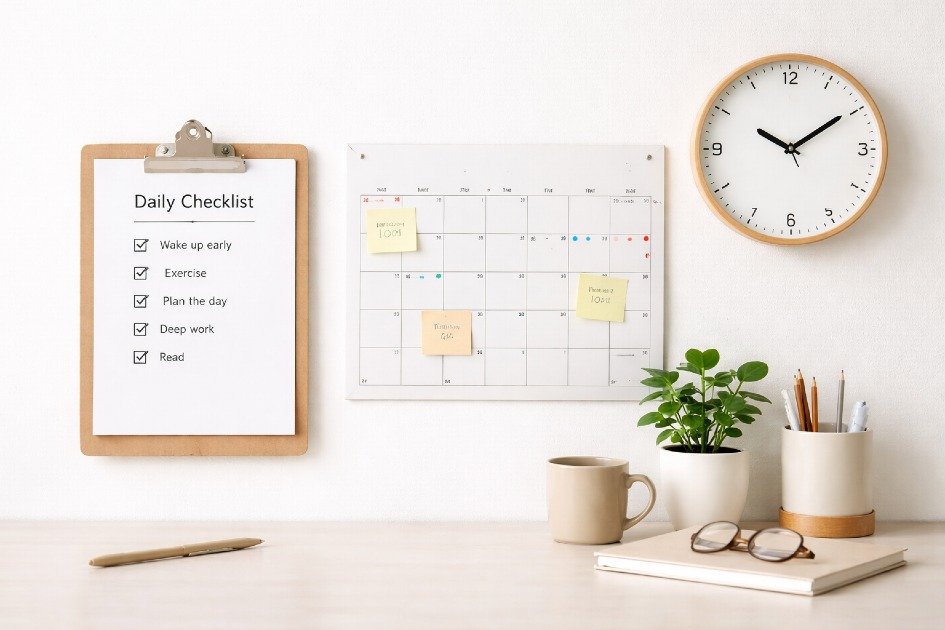 Minimal workspace with a checklist, calendar, and clock illustrating simple daily routine planning for productivity and consistency