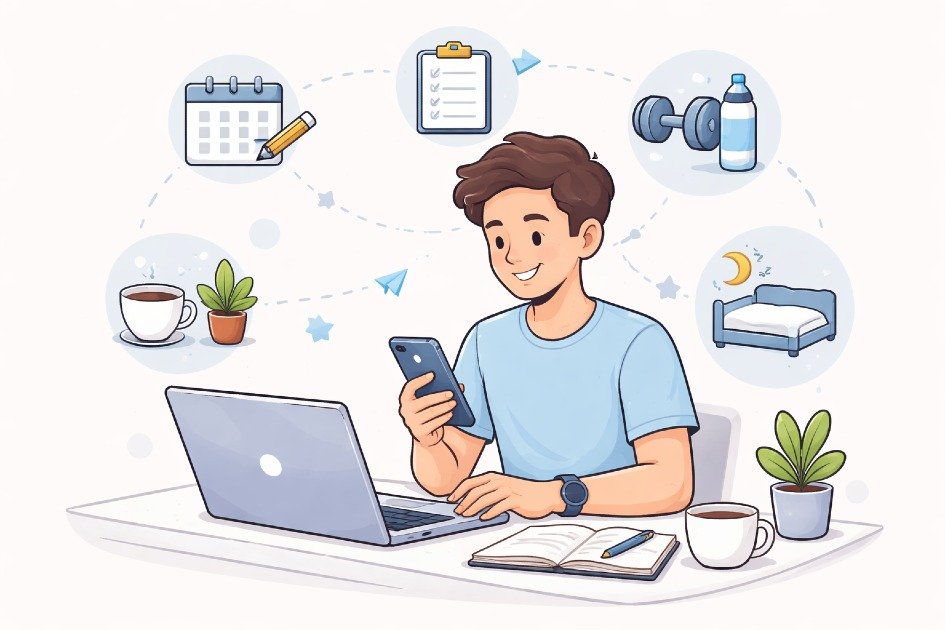 Person following a simple digital routine on laptop and smartphone for productivity and balance
