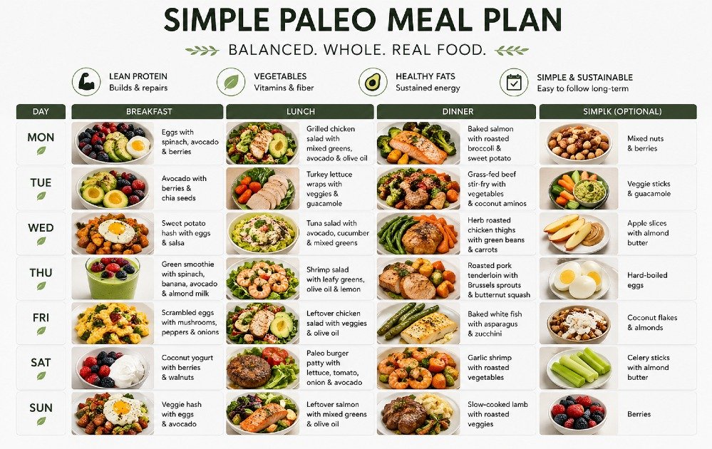 Balanced paleo meals featuring whole foods like lean protein, vegetables, and healthy fats arranged for a simple long-term meal plan.