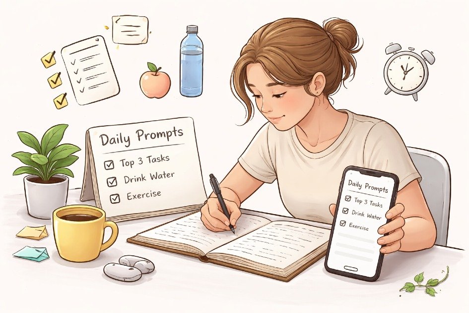 Person using simple prompts on a notebook and phone to maintain daily consistency and productivity.