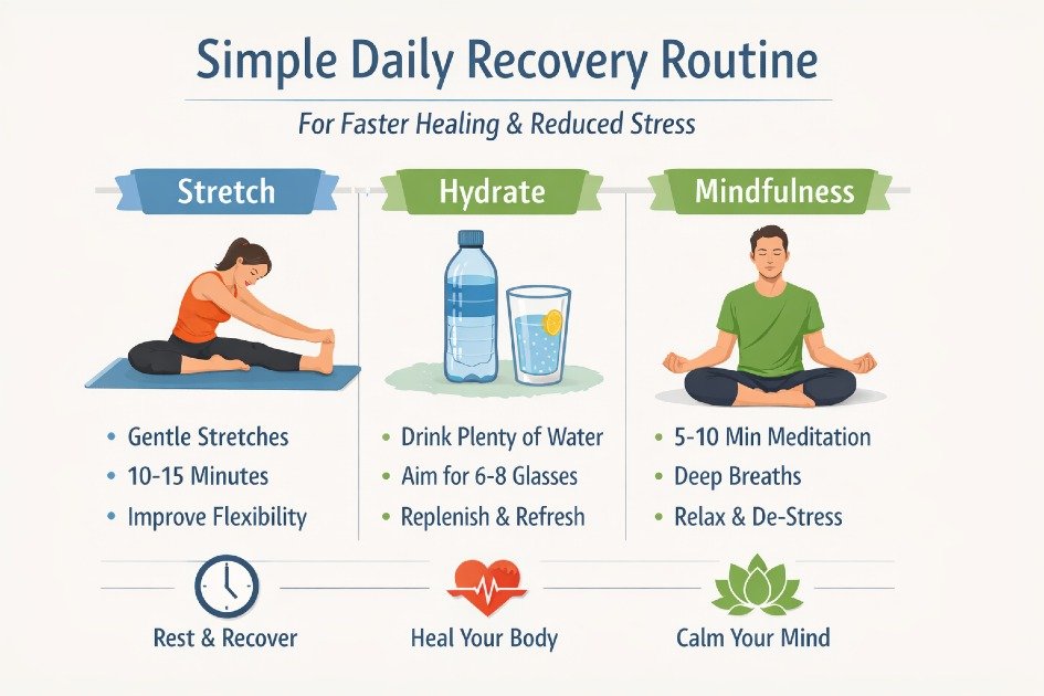 Simple daily recovery routine with stretching, hydration, and mindfulness for faster healing and reduced stress