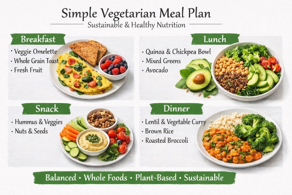 Balanced vegetarian meal plan with whole foods for sustainable, healthy eating.