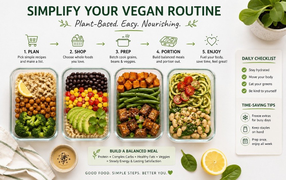 Simple plant-based vegan meal prep setup showing balanced, easy-to-follow healthy routine