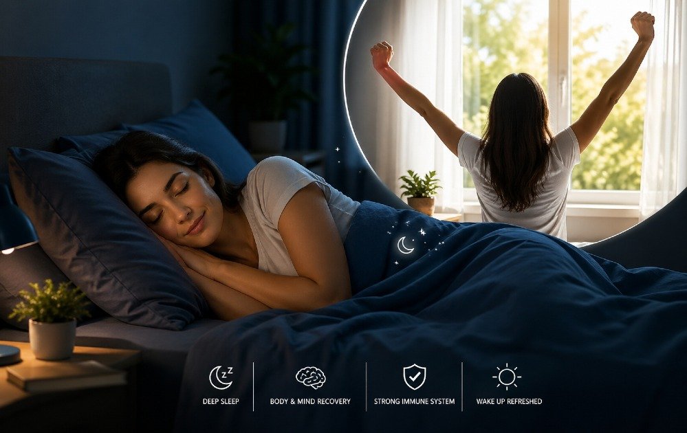Peaceful sleeper in deep rest with calm breathing, symbolizing restorative sleep and refreshed awakening.