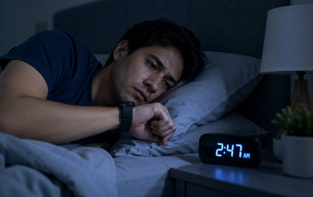 Person lying awake in bed at night while checking the time, symbolizing sleep disruption and poor sleep quality.