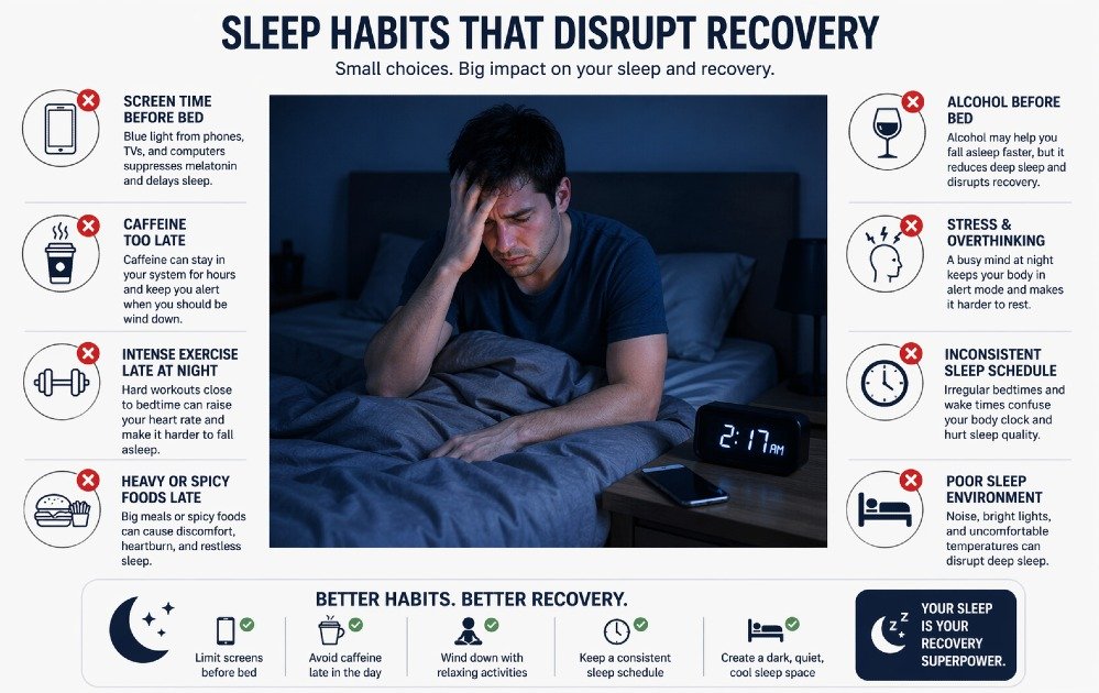 Person struggling with poor sleep in bed, illustrating common sleep habits that disrupt recovery and rest quality