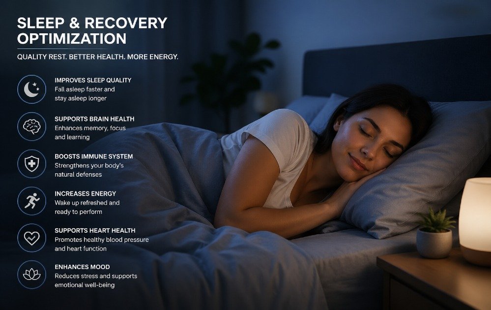 Person sleeping peacefully in a dark, calm bedroom representing sleep and recovery optimization for better health and energy.