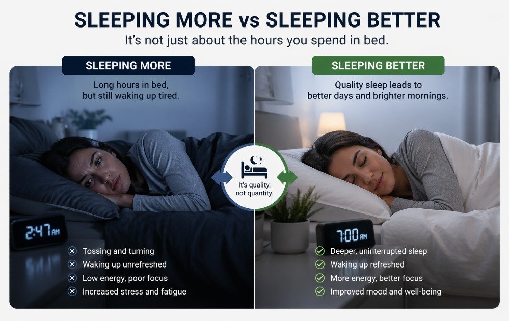 Person lying in bed awake at night, struggling with poor sleep quality despite long hours in bed