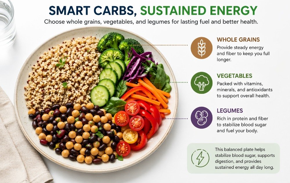 Balanced plate showing whole grains, vegetables, and legumes to illustrate smart carbohydrate choices for sustained energy.