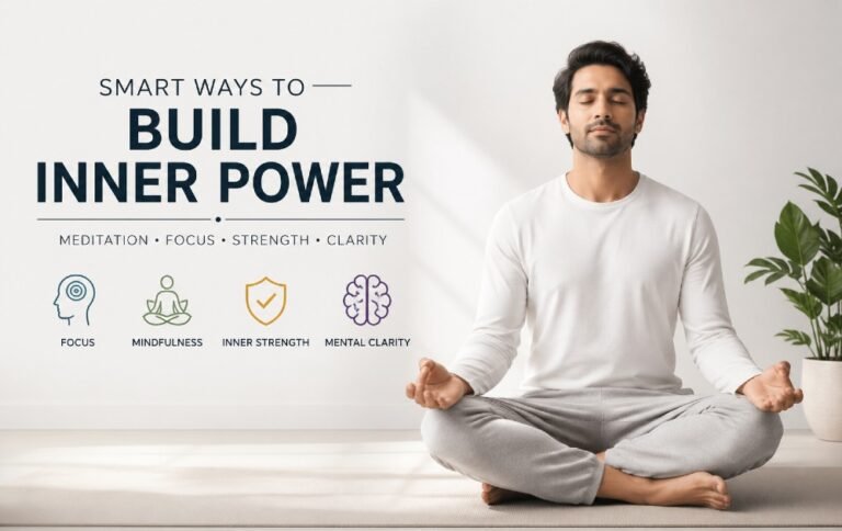 Person sitting in calm meditation posture, symbolizing inner strength, focus, and mental clarity through mindfulness practice.