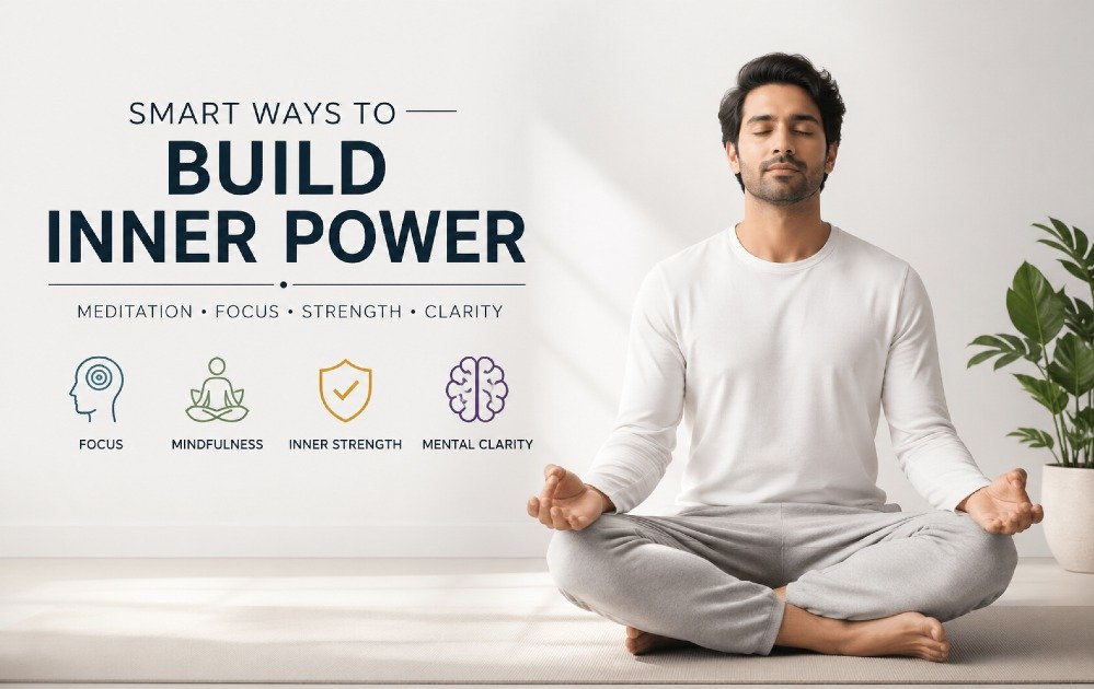 Person sitting in calm meditation posture, symbolizing inner strength, focus, and mental clarity through mindfulness practice.