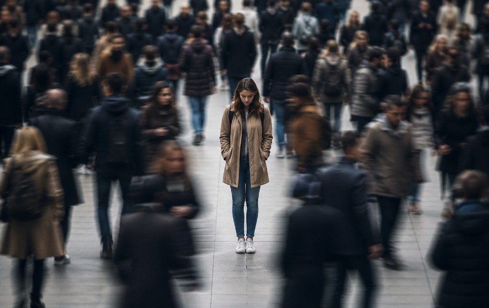Person standing alone in a crowded space, visually expressing emotional distance and social isolation.