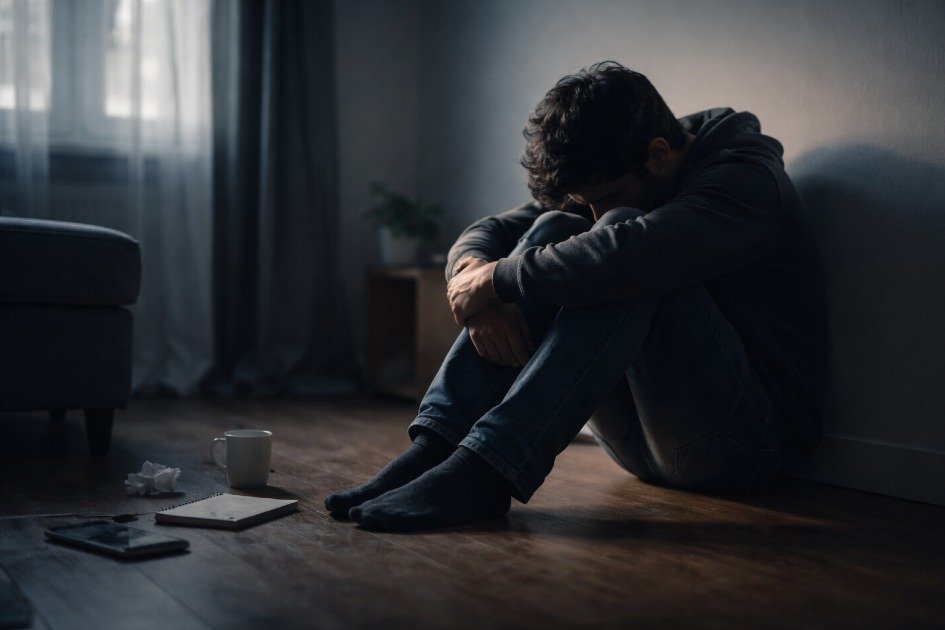 Lonely person sitting alone in dimly lit room, symbolizing social isolation and mental health struggles.