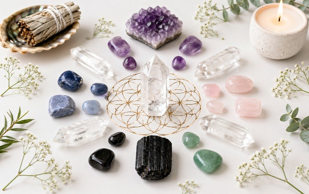 Assorted spiritual cleansing crystals used for energy purification, emotional balance, and holistic healing practices