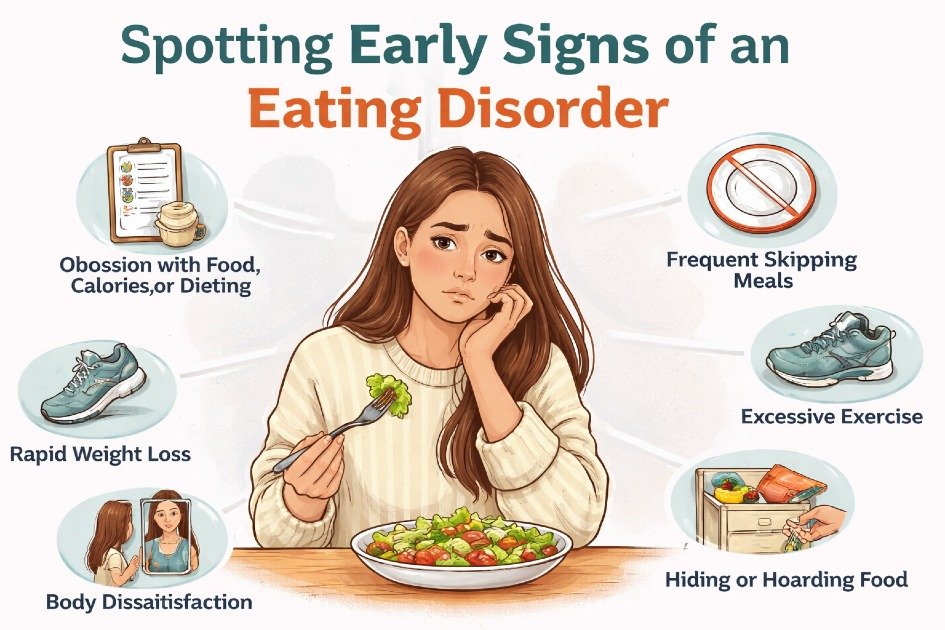 Young adult looking concerned, highlighting early warning signs of an eating disorder.