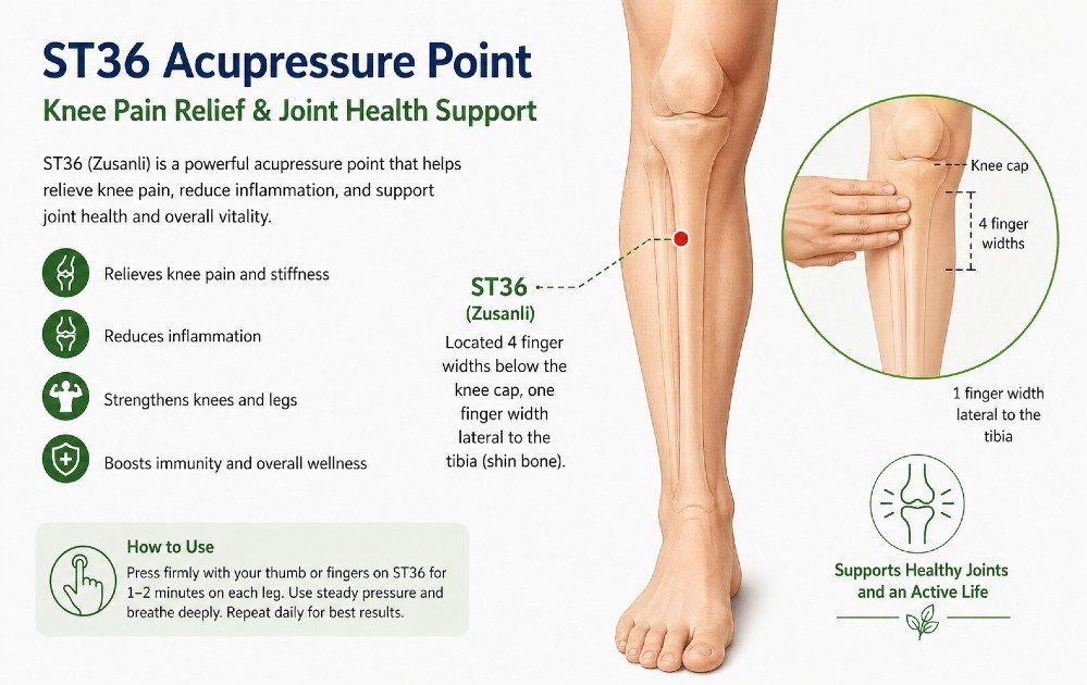 ST36 acupressure point illustration for knee pain relief and joint health support