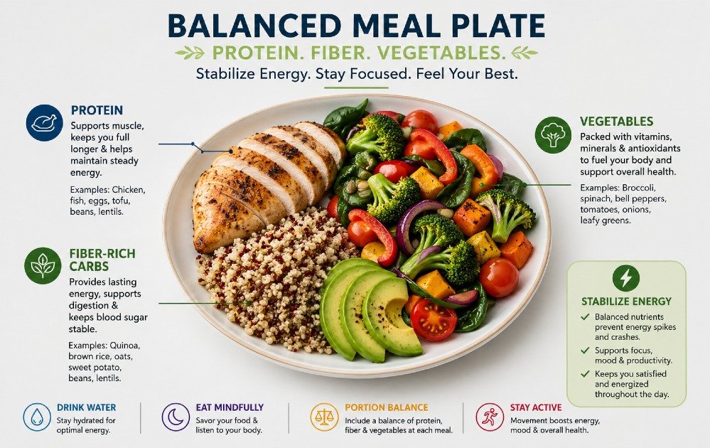 Balanced healthy meal plate with protein, fiber, and vegetables designed to stabilize energy levels throughout the day.