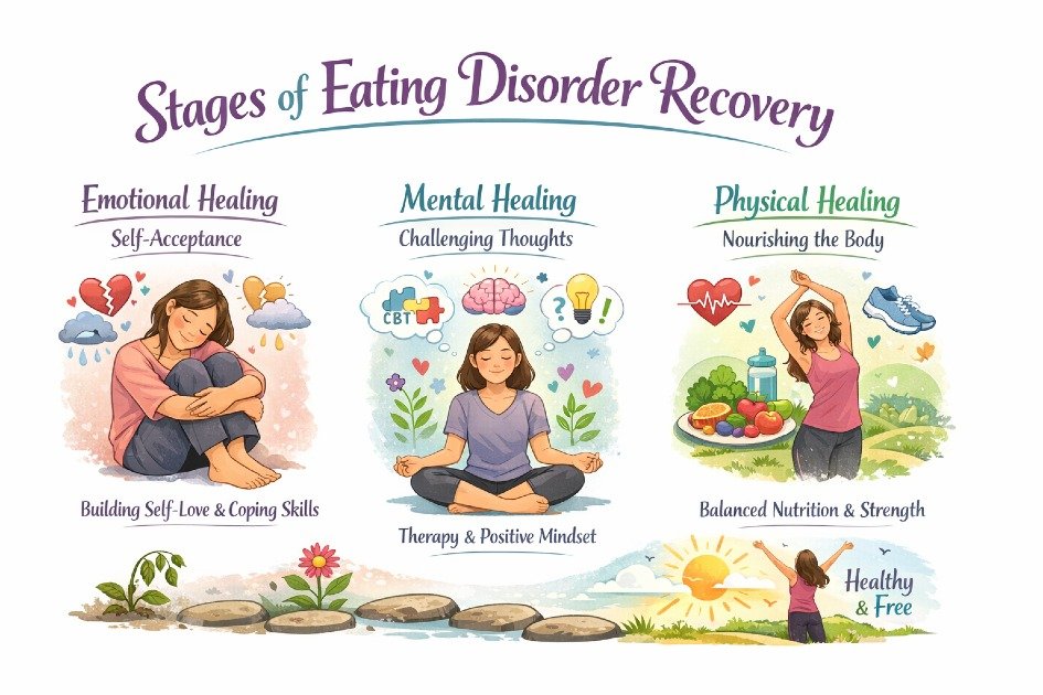 Illustration of the stages of eating disorder recovery, showing emotional, mental, and physical healing.