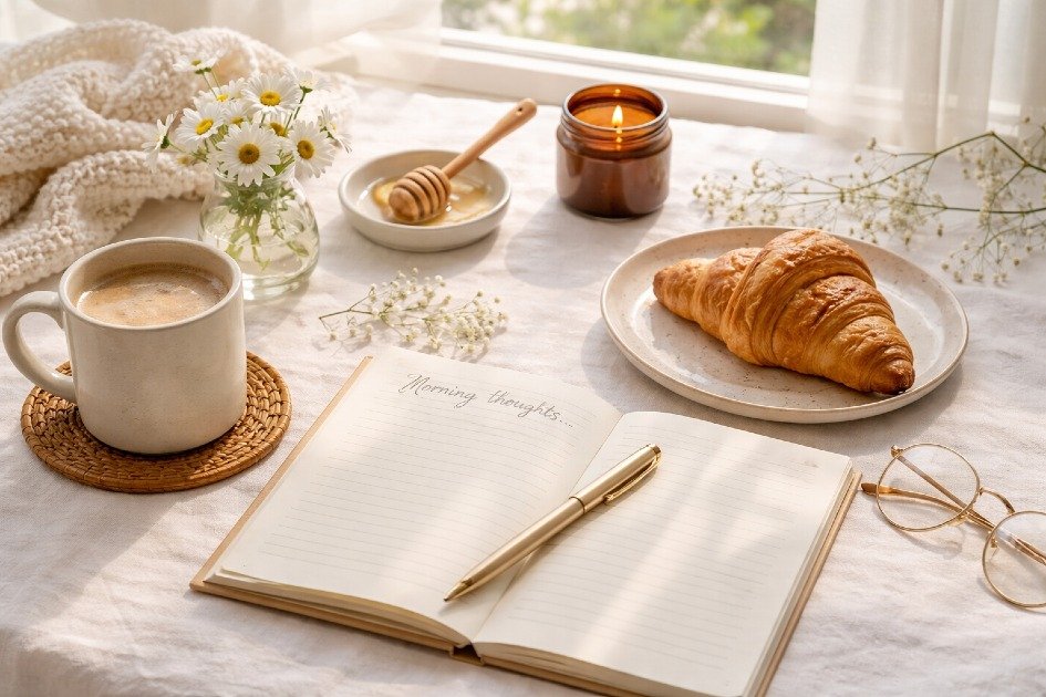 Peaceful morning routine with coffee, journal, and sunlight, no screens in sight