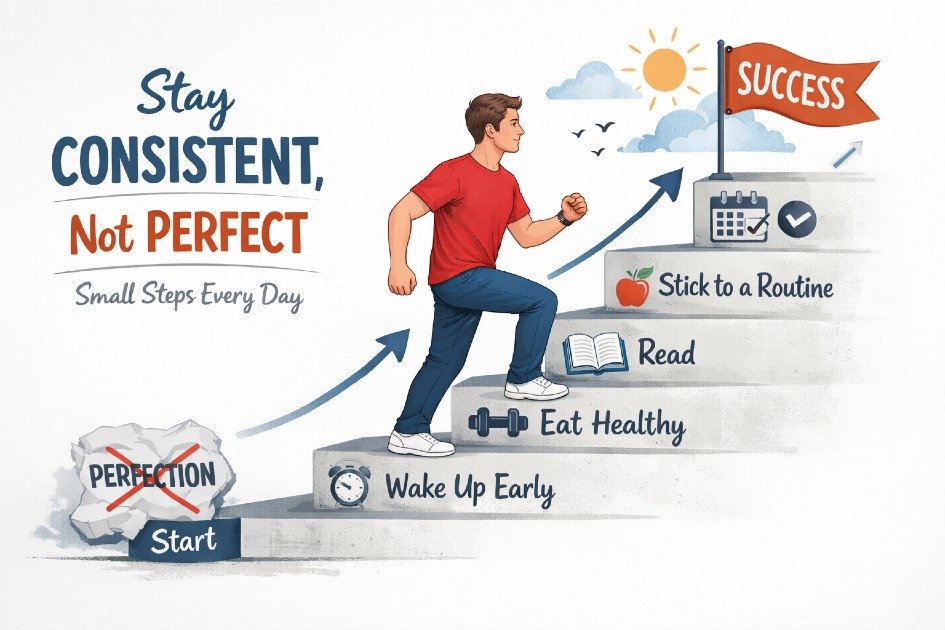 Person steadily progressing step by step, symbolizing consistency over perfection in daily habits